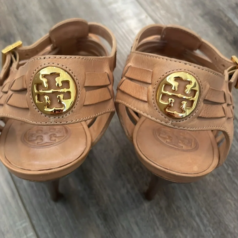 TORY BURCH Nadia brown woven leather logo detail huarache sandals heels 9.5
